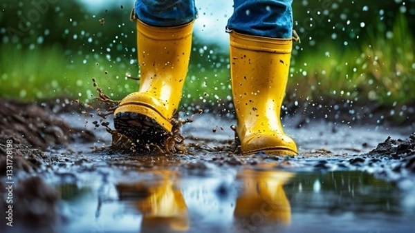 Fototapeta Close-Up of Colorful Rubber Boots in a Puddle Illustration for Jump in Muddy Puddles Day