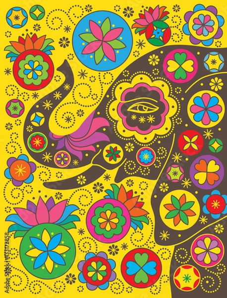 Obraz Bright background with an elephant. Vector drawing in Indian sty