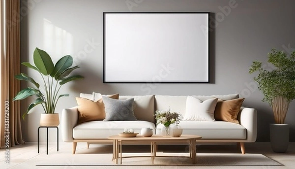 Fototapeta Generated image Poster frame mock-up in home interior background with sofa, table and decor in living room