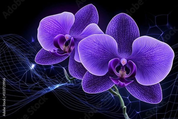 Fototapeta Two purple orchids digital art style, vibrant violet and black, elegant floral design