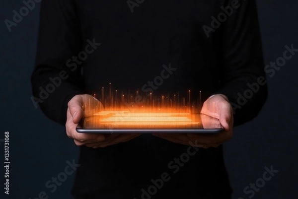 Obraz Hands hold tablet displaying glowing data visualization with vib