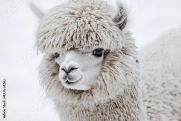 Fototapeta Alpaca with a fluffy coat on a white background, showing quirky charm