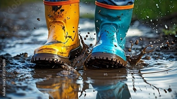 Fototapeta Close-Up of Colorful Rubber Boots in a Puddle Illustration for Jump in Muddy Puddles Day