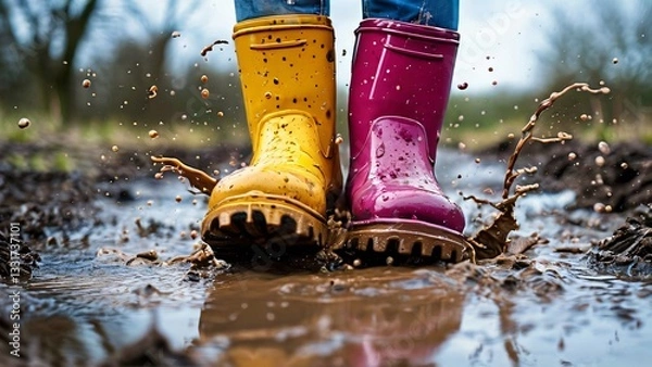 Fototapeta Close-Up of Colorful Rubber Boots in a Puddle Illustration for Jump in Muddy Puddles Day