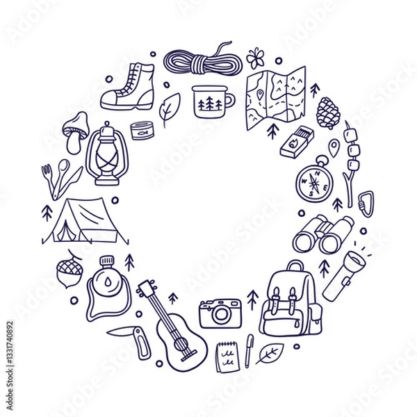 Fototapeta Frame with doodles of camping and outdoor adventure. Includes tent, backpack, campfire, compass, binoculars, boots, guitar, and nature elements. Vector illustration isolated on a white background.