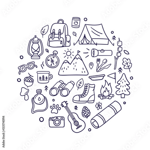 Fototapeta Doodles of camping and outdoor adventure. Includes travel equipment, and nature elements like mountains, trees, leaves, and stars. Hand-drawn vector illustrations isolated on a white background.