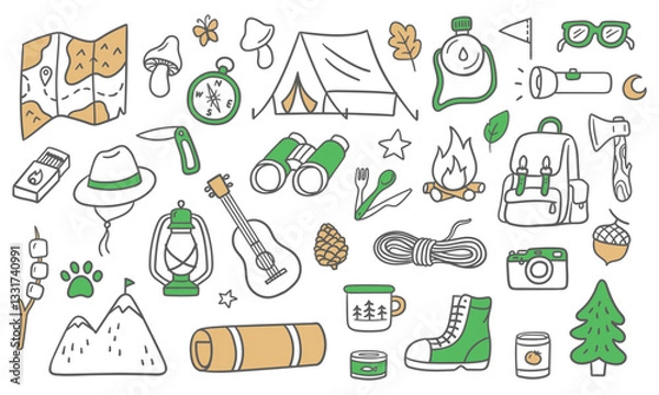 Fototapeta Colorful doodle illustration of camping and outdoor. Includes tent, backpack, campfire, compass, map, binoculars, boots, guitar, and nature elements. Vector illustrations on a white background.