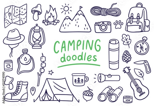Fototapeta Elements of camping and outdoor adventure in doodle style. Travel, tourism, and wilderness-related designs. Vector illustrations on a white background.