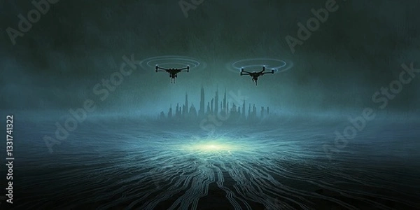Fototapeta Drones surveying a smart city skyline, with neon trails indicating their paths, capturing data in a synchronized, futuristic environment.