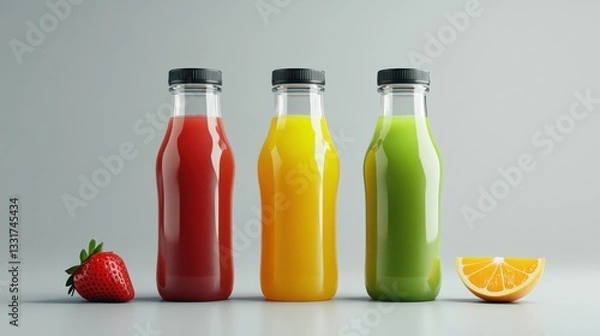 Obraz three juice plastic bottles, strawberry orange and apple (green), in a neutral grey background look minimal and photostudio 