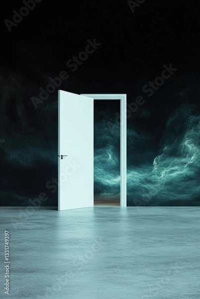Fototapeta Illuminated door stands open against dark, swirling cosmic backd