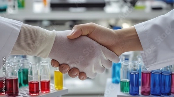 Fototapeta Close-up of gloved hands shaking in a laboratory with vials of colorful liquids, signifying scientific partnership and teamwork,