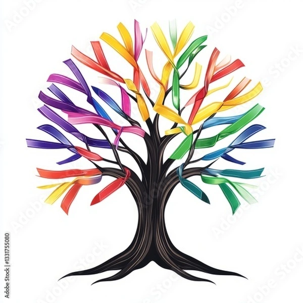 Fototapeta Cancer awareness tree with multicolored ribbons isolated on white background