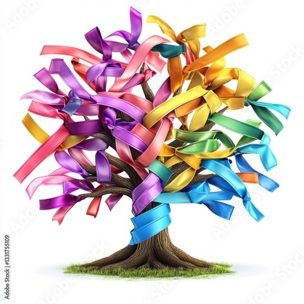 Fototapeta Cancer awareness tree with multicolored ribbons isolated on white background