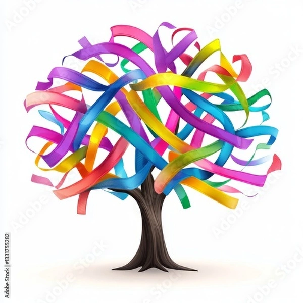 Fototapeta Cancer awareness tree with multicolored ribbons isolated on white background