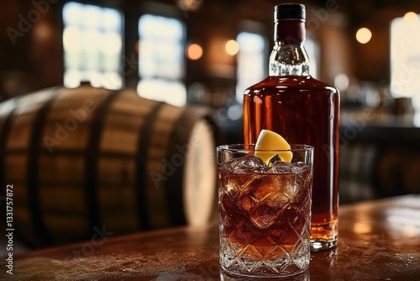 Fototapeta Rich amber whiskey bottle next to a glass filled with ice and a lemon wedge, set in a warm distillery environment