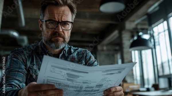 Fototapeta Thoughtful Man Reviewing Documents in Modern Office Setting