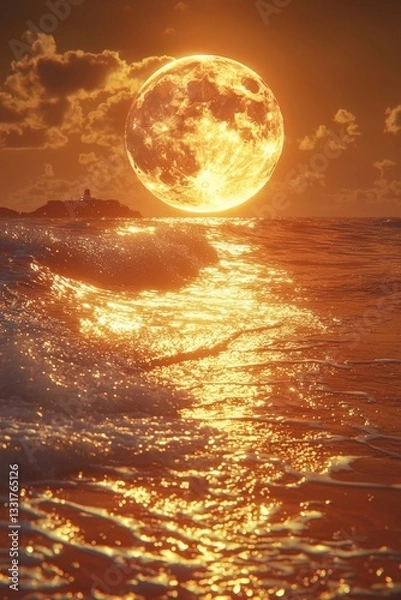 Fototapeta Stunning sunset view with a large illuminated moon over ocean waves reflecting golden light