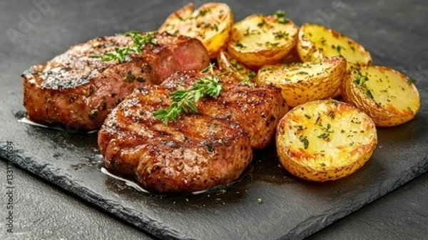 Fototapeta Grilled pork steaks served with crispy golden potatoes and garnished with herbs.