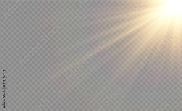 Fototapeta A radiant sunbeam streaming across a transparent background, creating soft rays of light. This uplifting image adds brightness and warmth, perfect for enhancing creative projects.