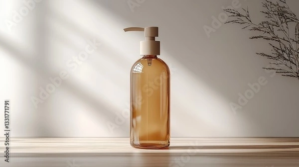 Fototapeta A sleek brown glass bottle with a pump sits on a wooden surface in a softly lit room. Sunlight filters through a window, casting shadows and enhancing the minimalist decor
