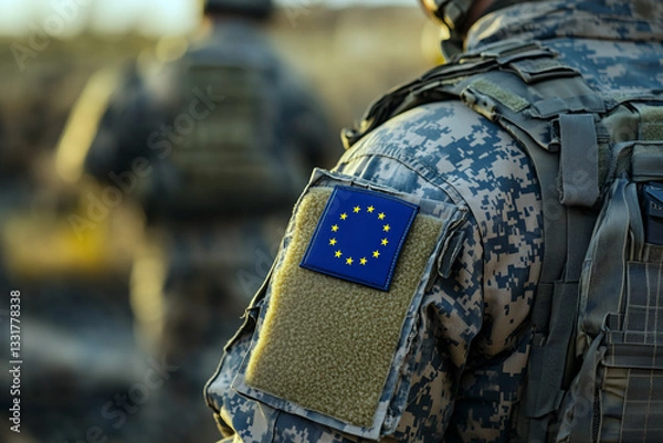 Fototapeta Close-up of a European soldier wearing a military uniform with a EU flag patch on his arm.