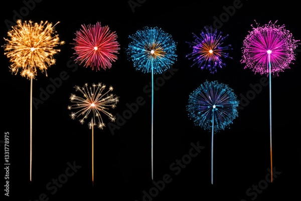 Fototapeta Various of colourful firework burst isolated on black background 