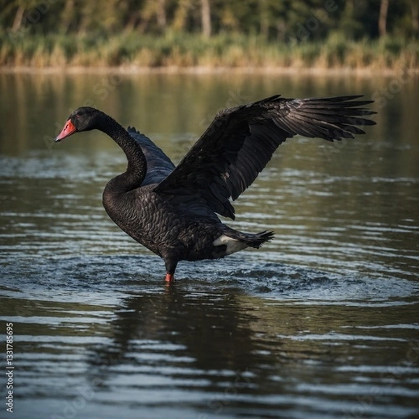 Obraz A black swan in flight, its elegant wings spread wide.