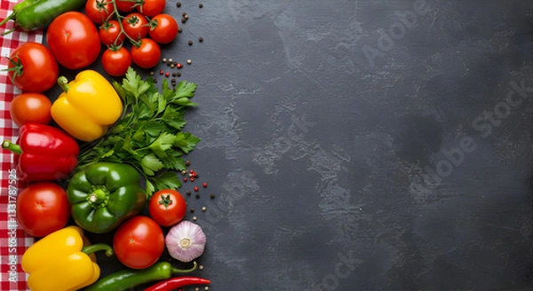 Fototapeta Fresh vegetables arrangement on dark background with copy space, gourmet delight