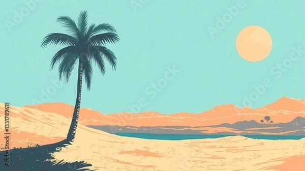 Fototapeta Serene Oasis Lone Palm Tree in Desert Landscape under a Pastel Sun