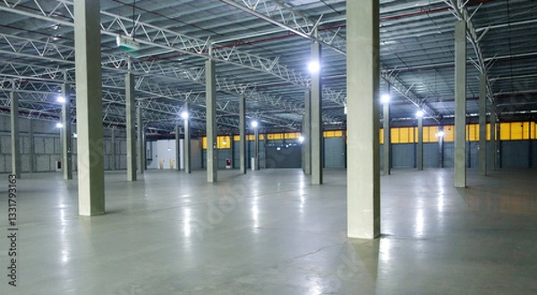 Obraz an empty industrial warehouse with large, clean windows, atmospheric light, white.