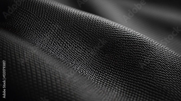 Fototapeta Close-up of textured black fabric showing intricate weave and surface detail with dramatic lighting and shadows