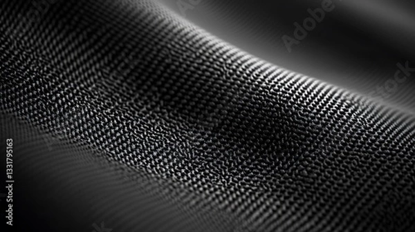 Fototapeta Close-up of textured black fabric showing intricate weave and surface detail with dramatic lighting and shadows