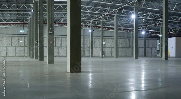 Obraz an empty industrial warehouse with large, clean windows, atmospheric light, white.