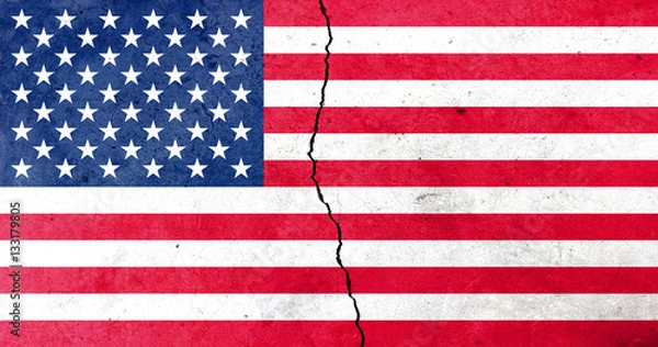 Fototapeta A crack in the wall. U.S.A. flag in the background