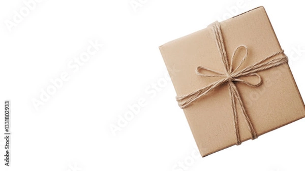 Fototapeta Gift wrapped in simple brown paper with twine bow on a white background, perfect for any special occasion or celebration
