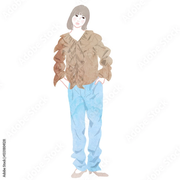 Obraz フリルのブラウス　女性　全身　水彩　ベクター