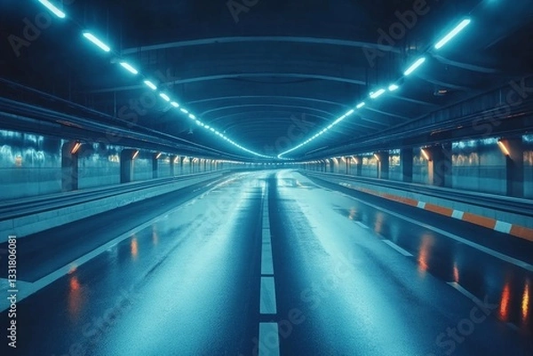 Fototapeta an illuminated tunnel with wet pavement and neon lights.