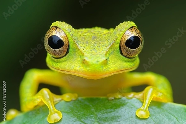 Fototapeta Bright green frog sits on a leaf with prominent eyes in a lush environment