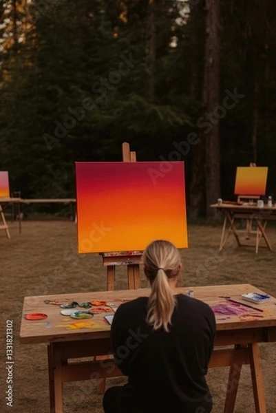 Fototapeta Artistic scene portrays person creating vibrant sunset hues outd