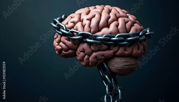 Fototapeta A brain is depicted, wrapped in heavy chains, symbolizing mental confinement or restriction.