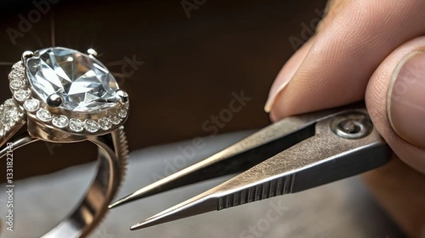 Fototapeta A jeweler carefully sets a sparkling gemstone into a silver ring using precision tools. A close-up of craftsmanship and attention to detail in fine jewelry creation.