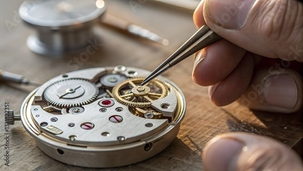 Fototapeta A watchmaker carefully assembles a mechanical timepiece using fine tweezers, highlighting the intricate details of horology and craftsmanship.