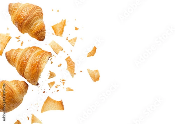 Obraz isolated transparent Background. Crispy and flaky croissants scattered on transparency background, showcasing delicious pastry texture and crumbs