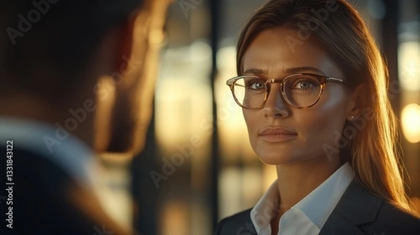 Fototapeta Business professionals engage in a serious discussion during sunset in a modern office setting