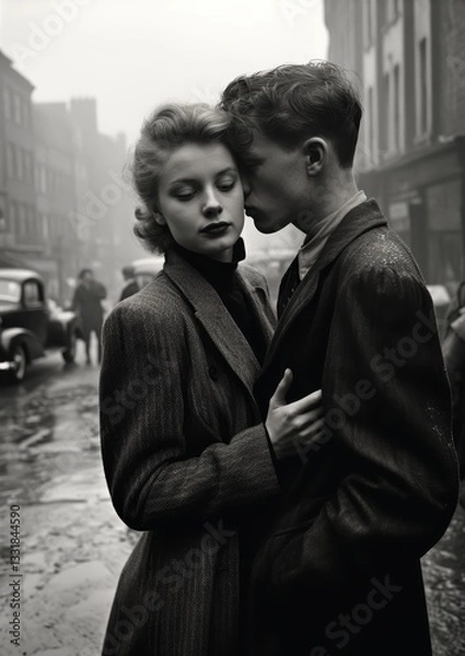 Fototapeta A couple stands close, sharing an intimate moment in the midst of a misty, vintage city street. The woman gazes forward, while the man tenderly rests his head near hers, creating a romantic atmosphere