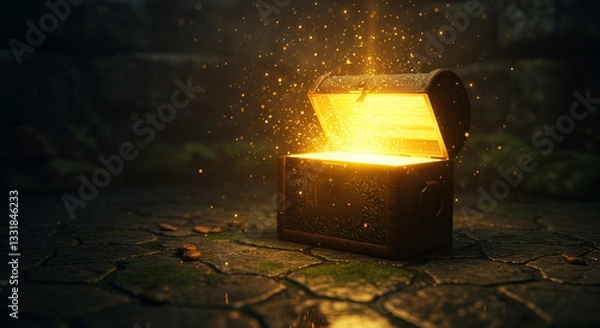 Fototapeta mysterious treasure chest illuminates the darkness with its radiant golden light, sparking wonder and adventure.hunt, treasure box