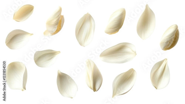 Fototapeta Delicate white petals scattered on a light background creating a serene and calming atmosphere