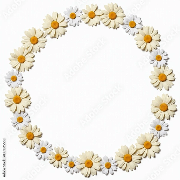 Fototapeta A circular arrangement of delicate daisies, featuring white petals with yellow centers, creating a fresh and cheerful border on a blank background.