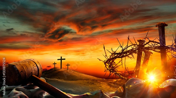 Fototapeta Crucifixion Calvary - Crown Of Thorns And Spikes At Sunset With Crosses On Hill - Sunlight Effects